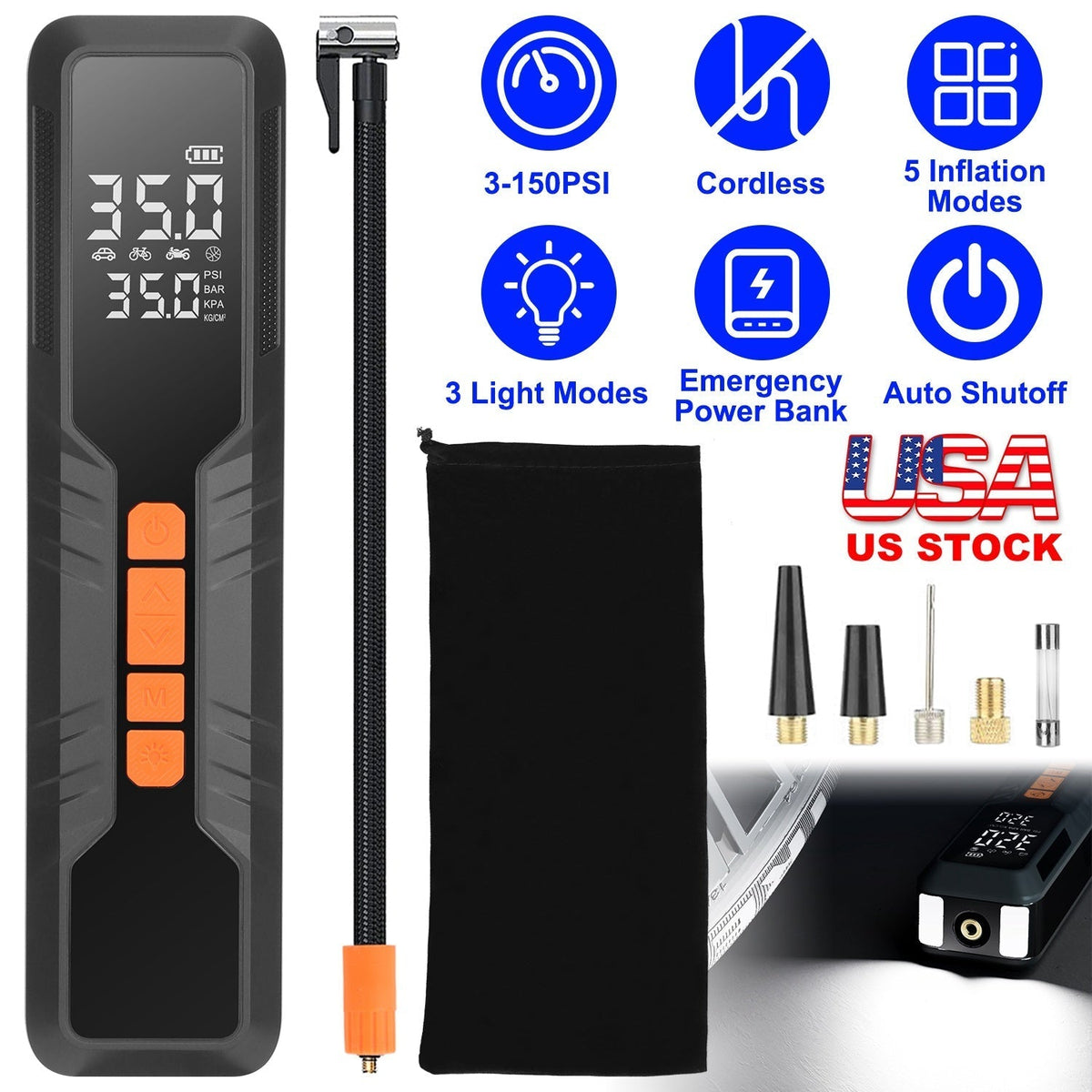 150PSI Portable Tire Inflator Cordless Digital Air Compressor Compact Air Pump with 5 Inflation Modes 3 Light Modes Emergency Power Bank - Cargonaut Supply