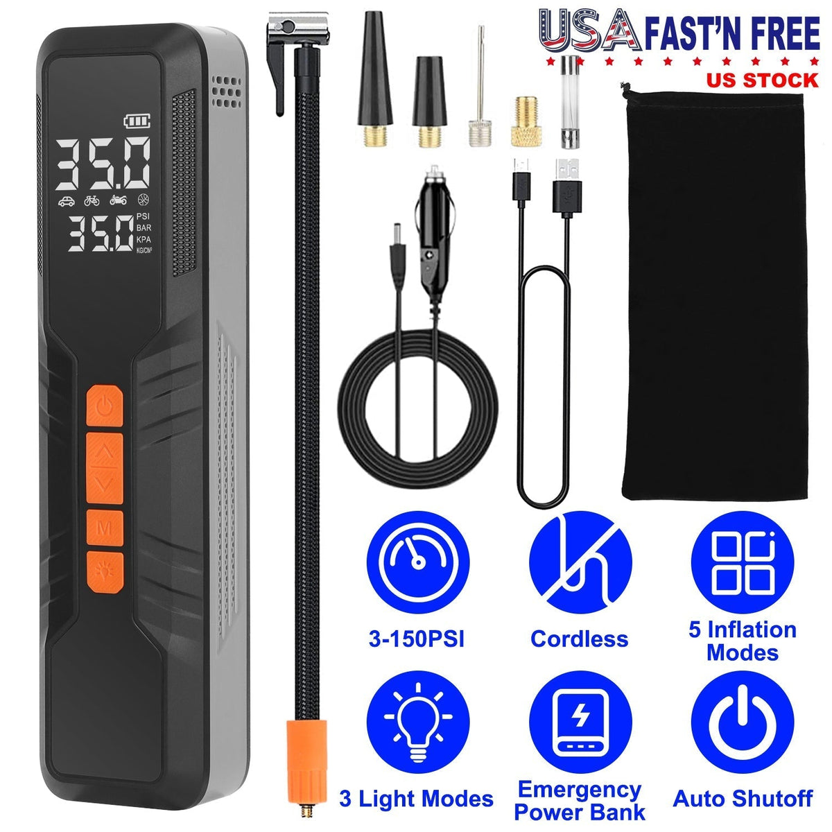 150PSI Portable Tire Inflator Cordless Digital Air Compressor Compact Air Pump with 5 Inflation Modes 3 Light Modes Emergency Power Bank - Cargonaut Supply
