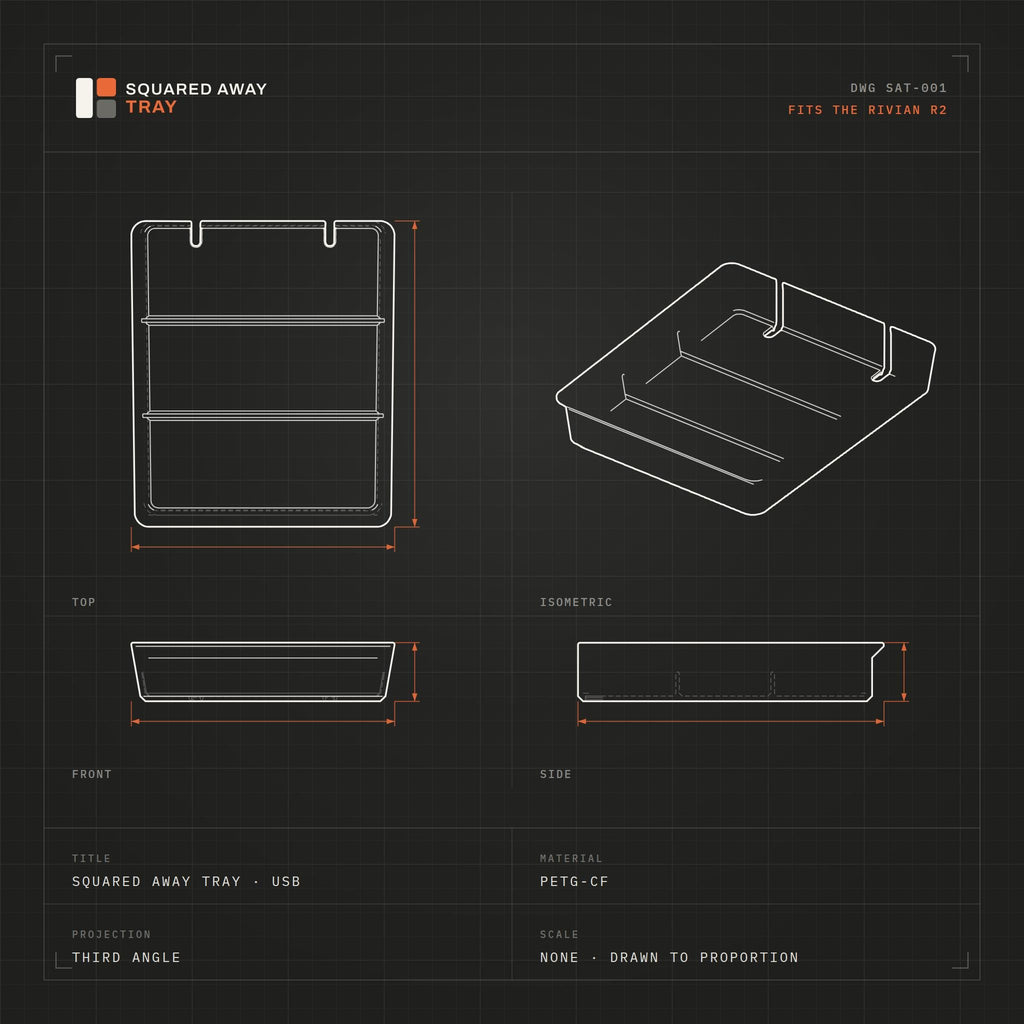 Squared Away Tray drawing showing the three equal compartments and the cord notches
