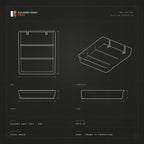 Squared Away Tray drawing showing the three equal compartments and the cord notches