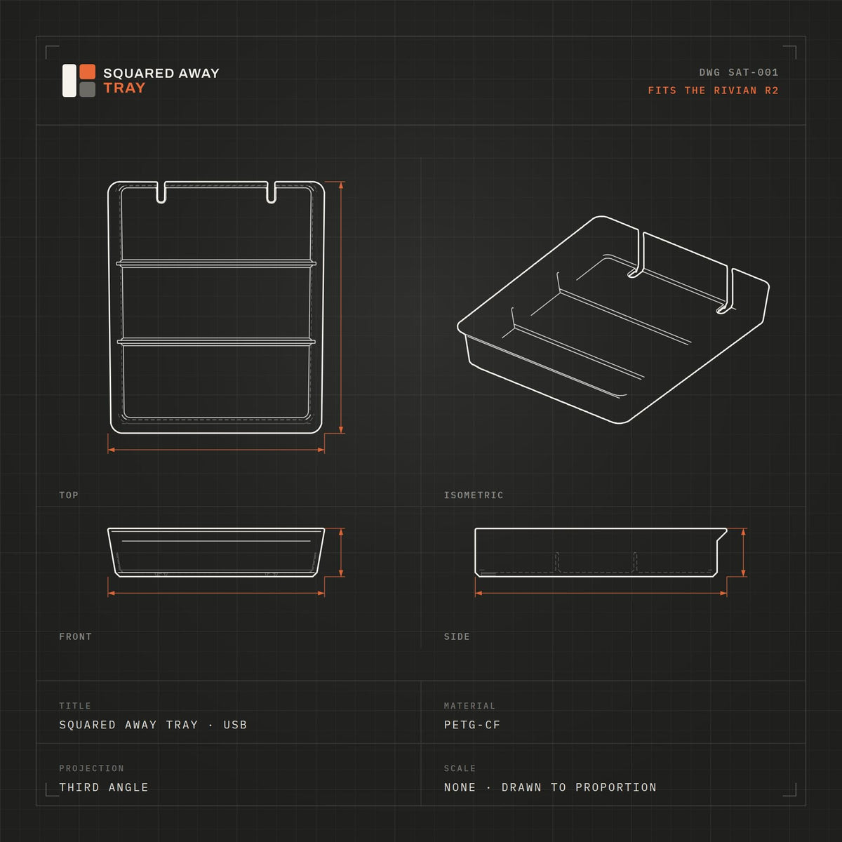 Squared Away Tray drawing showing the three equal compartments and the cord notches