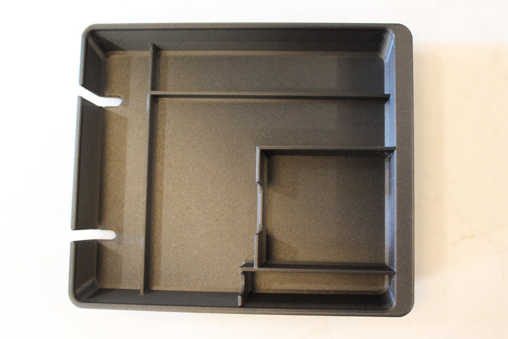 Top-down view of the Squared Away Tray Fitted showing the glasses channel, card holder, pen slot and rear cable cutouts