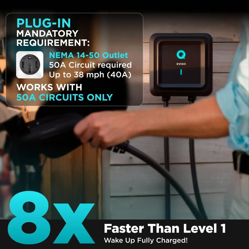 EVIQO NACS Level 2 EV Charger, 40A (9.6kW), 240V, NEMA 14-50 Plug-In