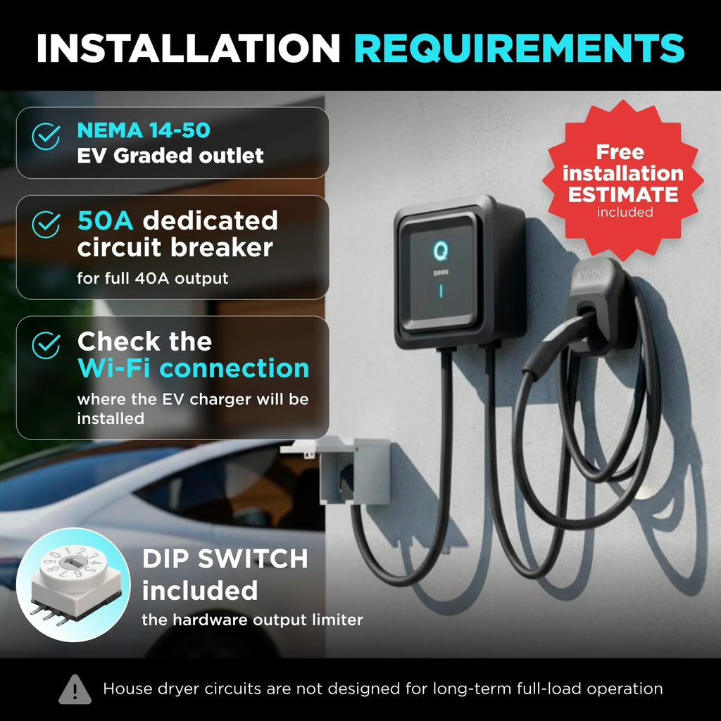 EVIQO NACS Level 2 EV Charger, 40A (9.6kW), 240V, NEMA 14-50 Plug-In