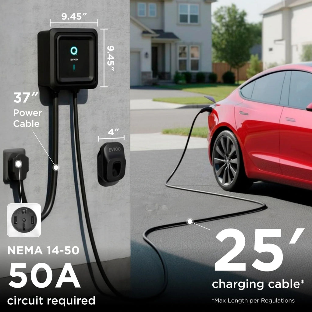 EVIQO NACS Level 2 EV Charger, 40A (9.6kW), 240V, NEMA 14-50 Plug-In