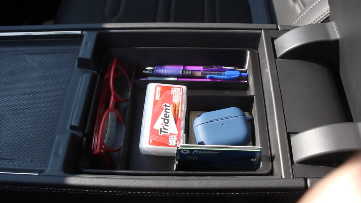 Squared Away Tray installed with glasses, pens, cards and an earbud case