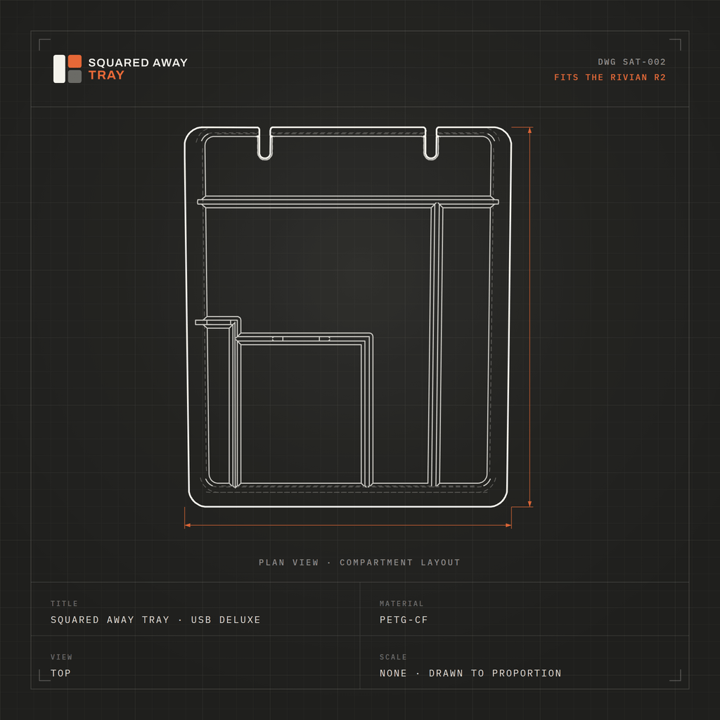 Top-view drawing of the 5-compartment Squared Away Console Tray showing its compartment layout and two cable cutouts