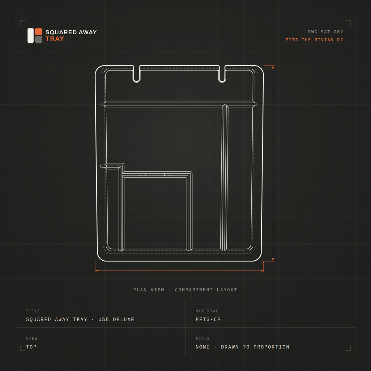Top-view drawing of the 5-compartment Squared Away Console Tray showing its compartment layout and two cable cutouts