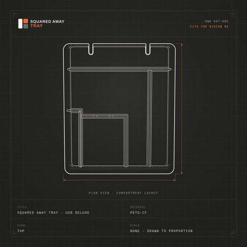 Top-view drawing of the 5-compartment Squared Away Console Tray showing its compartment layout and two cable cutouts