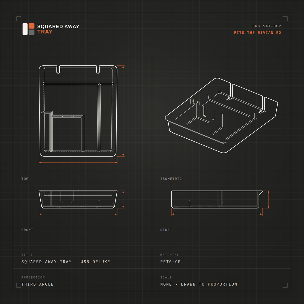 5-compartment Squared Away Console Tray technical drawing with top, front, side and isometric views