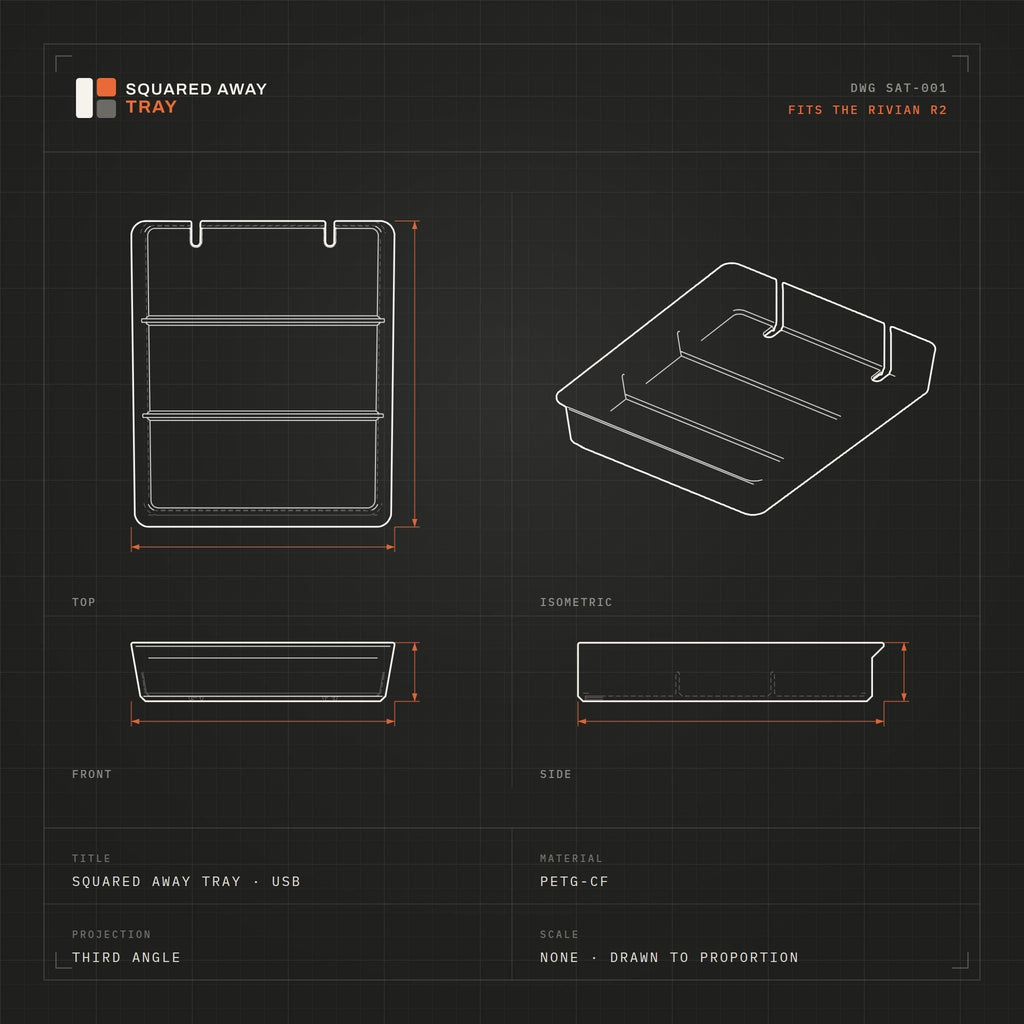 3-compartment Squared Away Console Tray technical drawing with top, front, side and isometric views