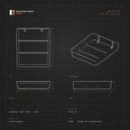 3-compartment Squared Away Console Tray technical drawing with top, front, side and isometric views