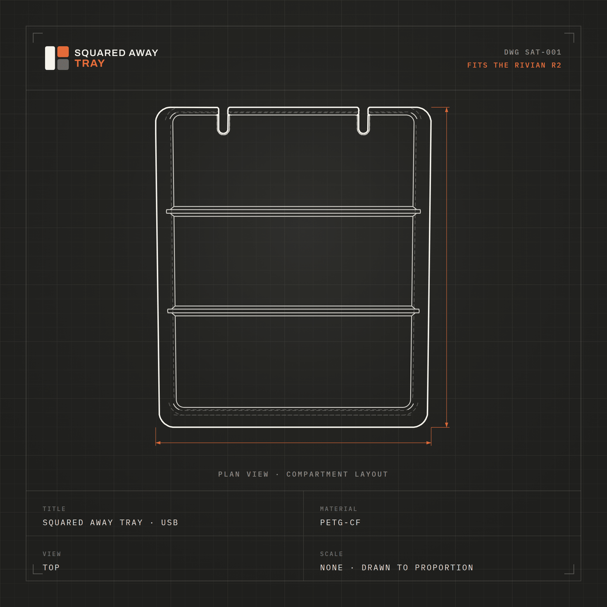 Top-view drawing of the 3-compartment Squared Away Console Tray showing three equal compartments and two cable cutouts