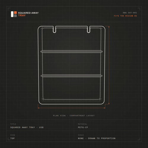 Top-view drawing of the 3-compartment Squared Away Console Tray showing three equal compartments and two cable cutouts