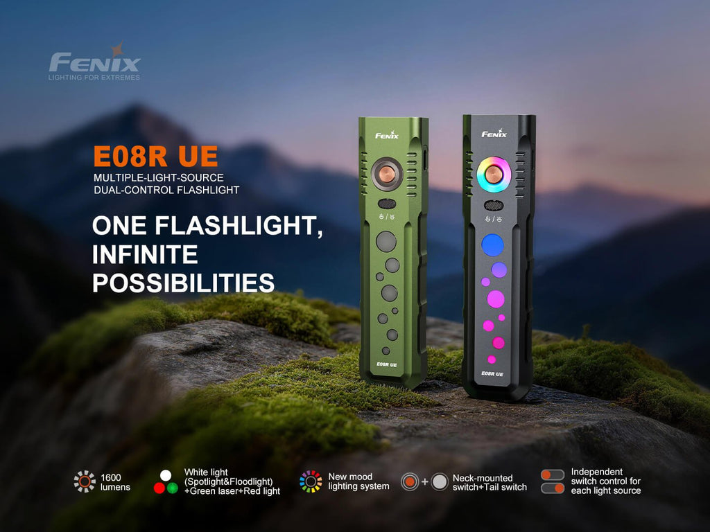Fenix E08R UE Multi-Light EDC Flashlight With Red Light & Green Laser - Cargonaut Supply
