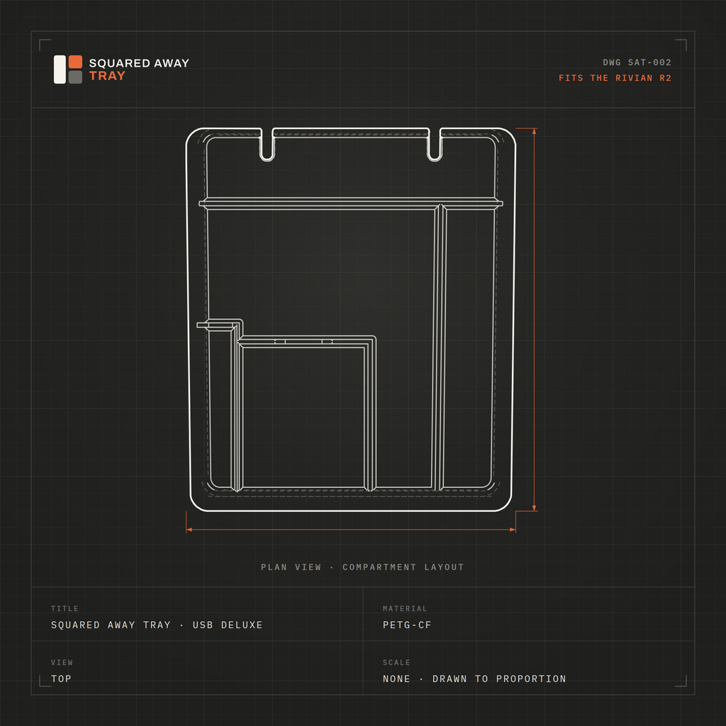 Squared Away Tray Fitted drawing DWG SAT-002 in top, front, side and isometric views