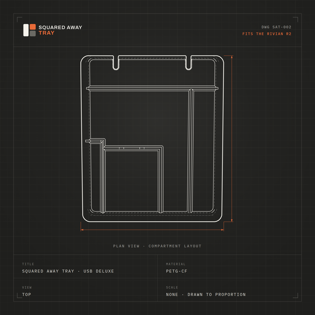 Squared Away Tray Fitted drawing DWG SAT-002 in top, front, side and isometric views