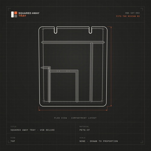 Squared Away Tray Fitted drawing DWG SAT-002 in top, front, side and isometric views