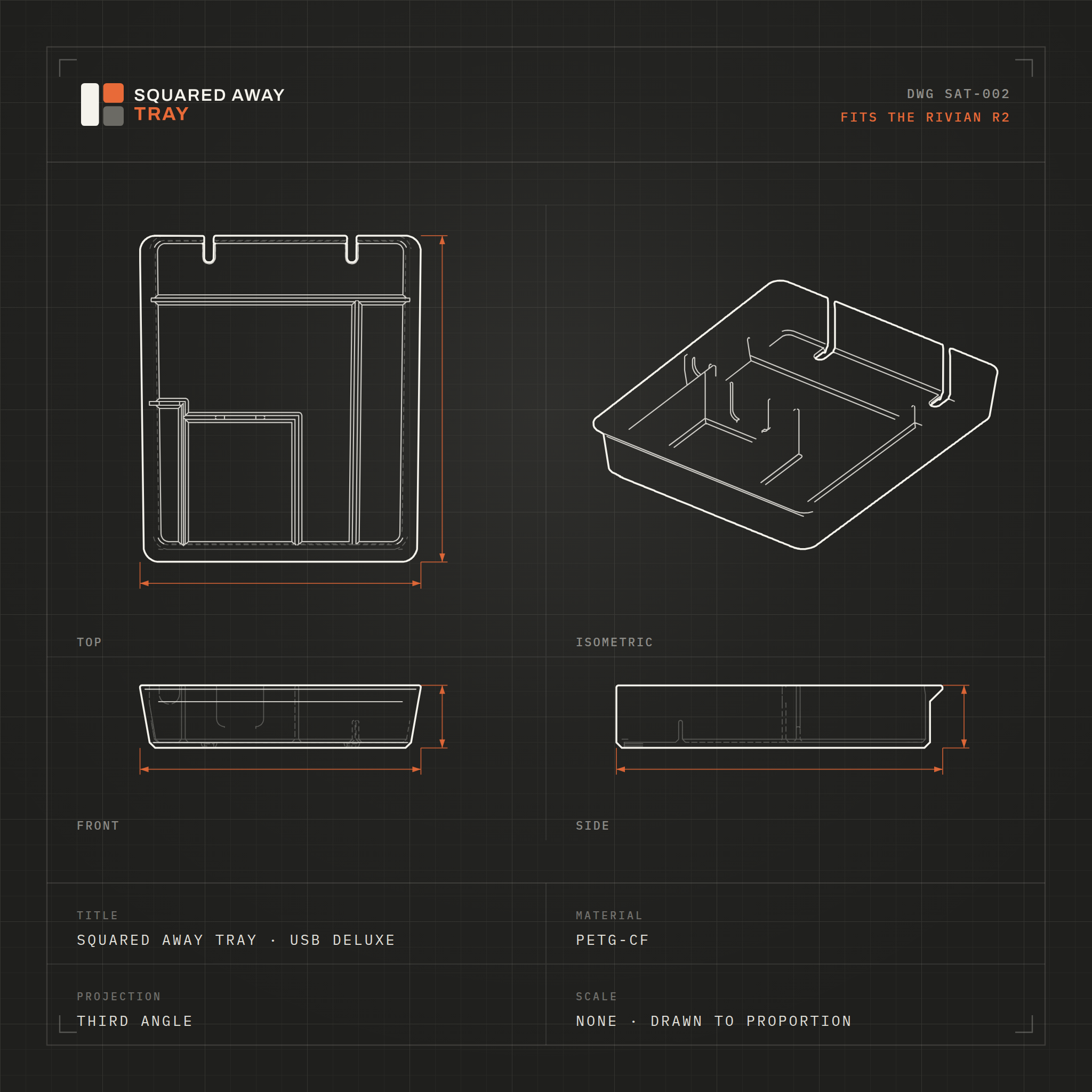 Squared Away Tray Fitted drawing sheet showing the glasses channel, card holder and pen slot