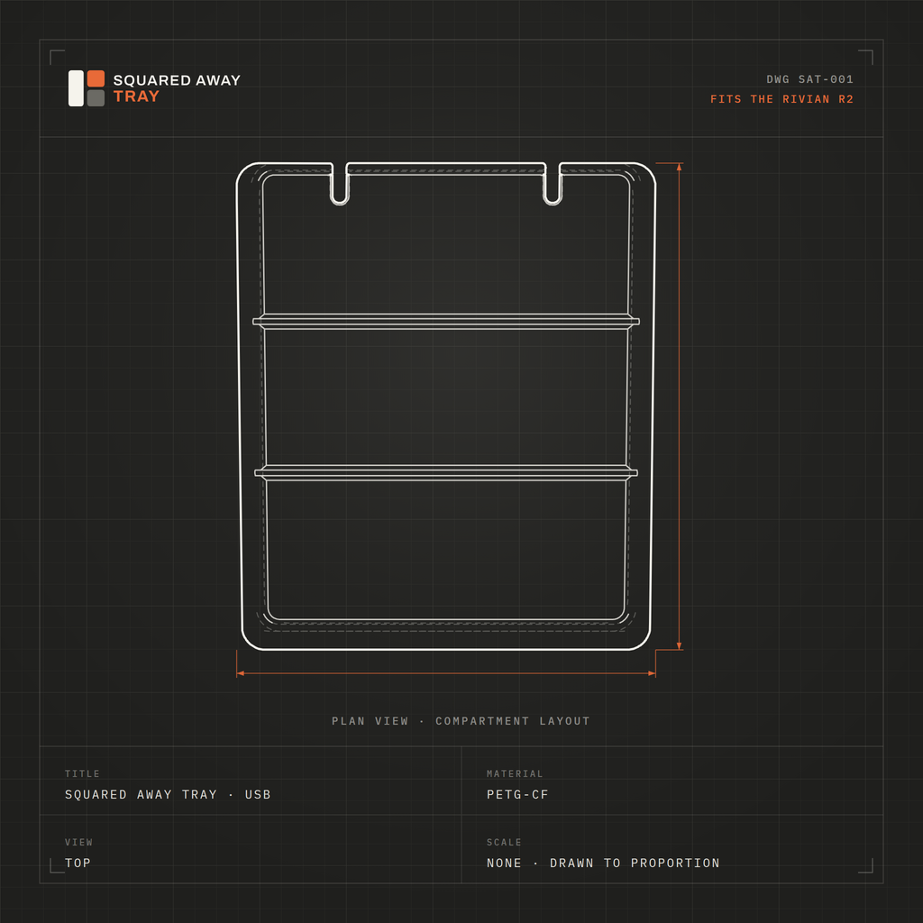 Squared Away Tray drawing DWG SAT-001 in top, front, side and isometric views