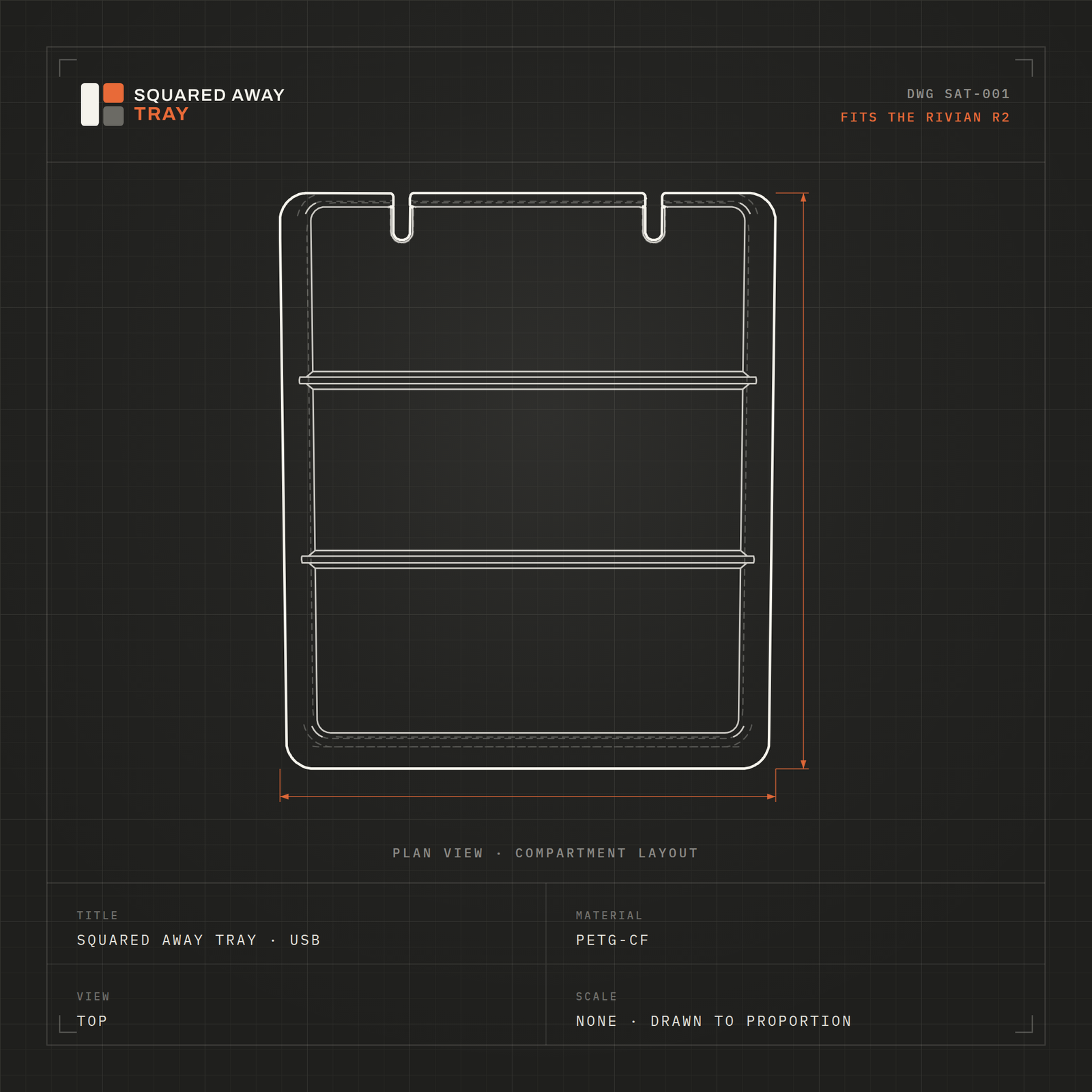 Squared Away Tray drawing DWG SAT-001 in top, front, side and isometric views