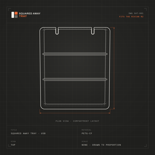 Squared Away Tray drawing DWG SAT-001 in top, front, side and isometric views