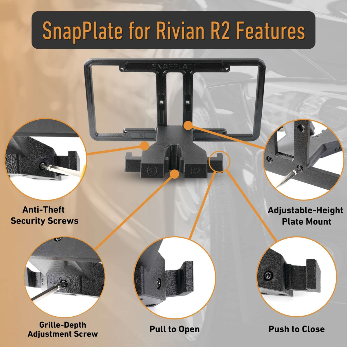SnapPlate Front License Plate Mount for Rivian R2 - Cargonaut Supply